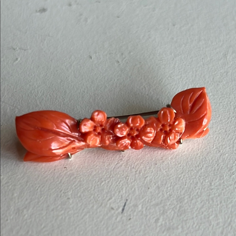 Orange coral carved flower pin brooch